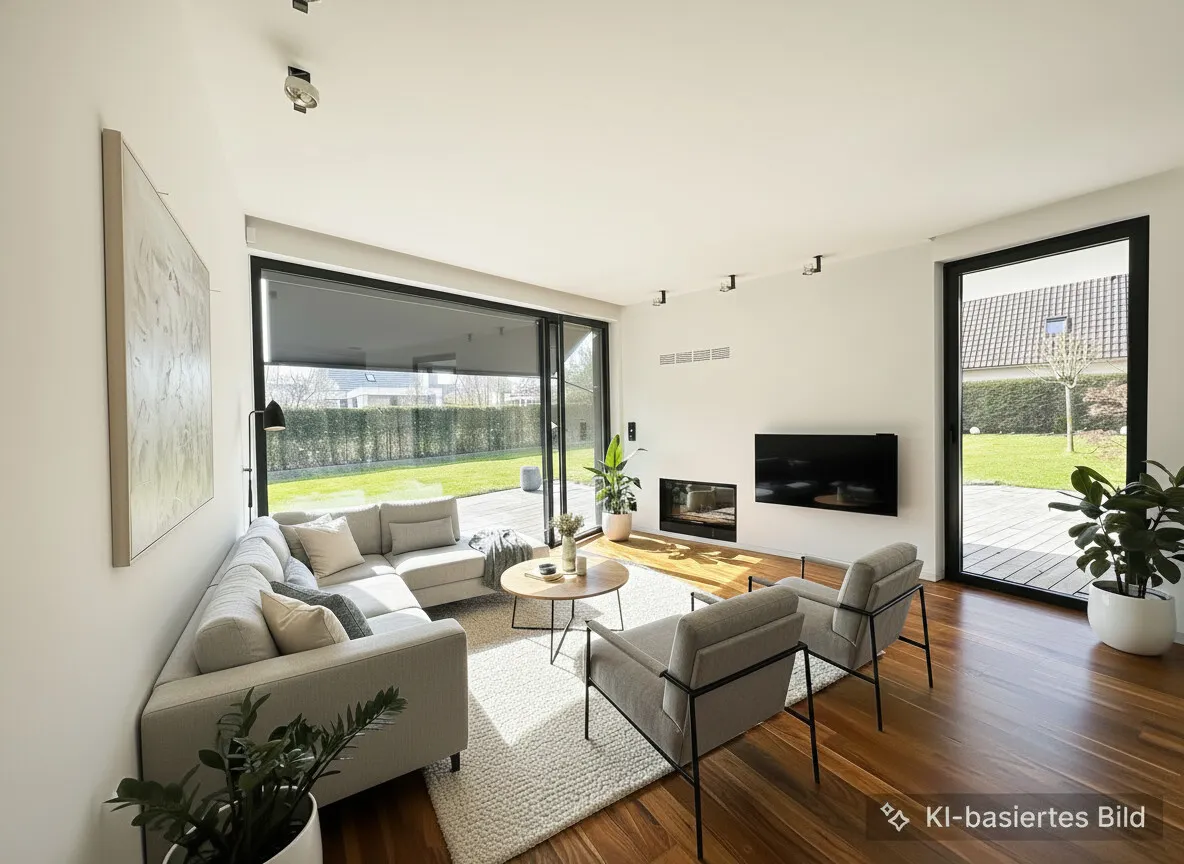 Wohnbereich mit vorgelagerter Südterrasse und Westterrasse