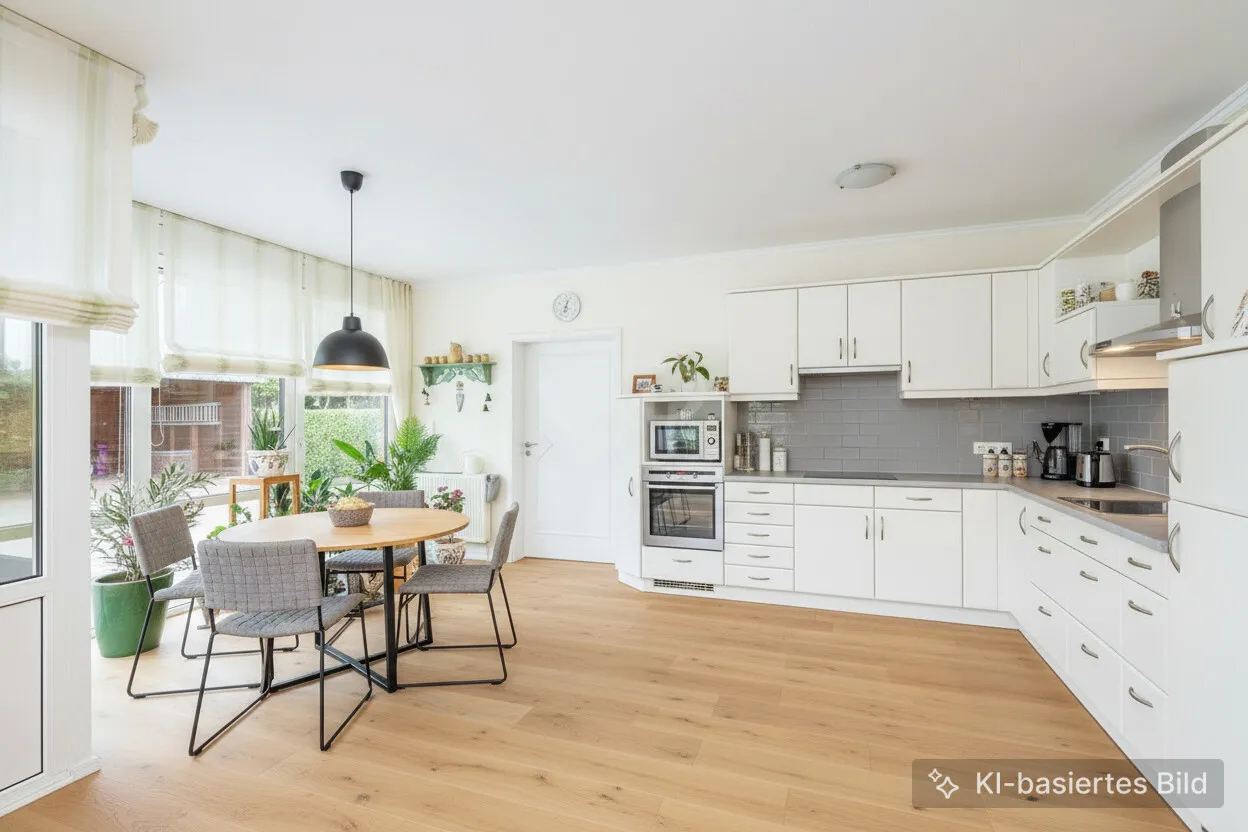 Möblierungsvorschlag mit neuer Einbauküche und Holzboden