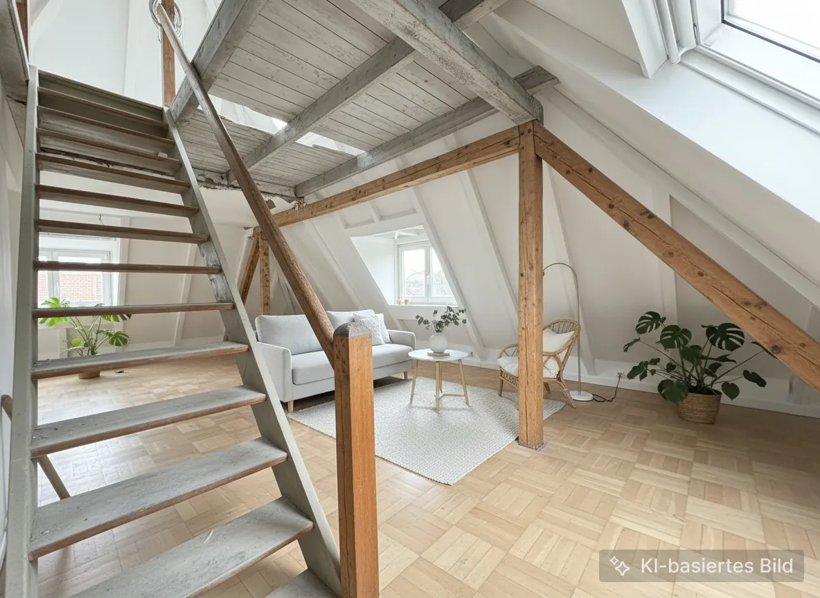 Wohnbereich im Dachgeschoss mit Treppe in den Spitzboden