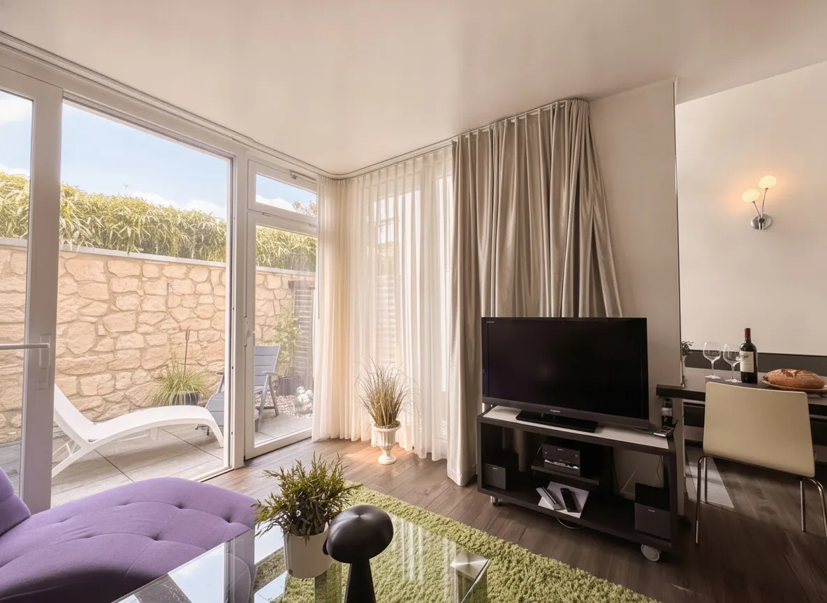 Wohnzimmer mit Blick in dien Essbereich rechts im Bild