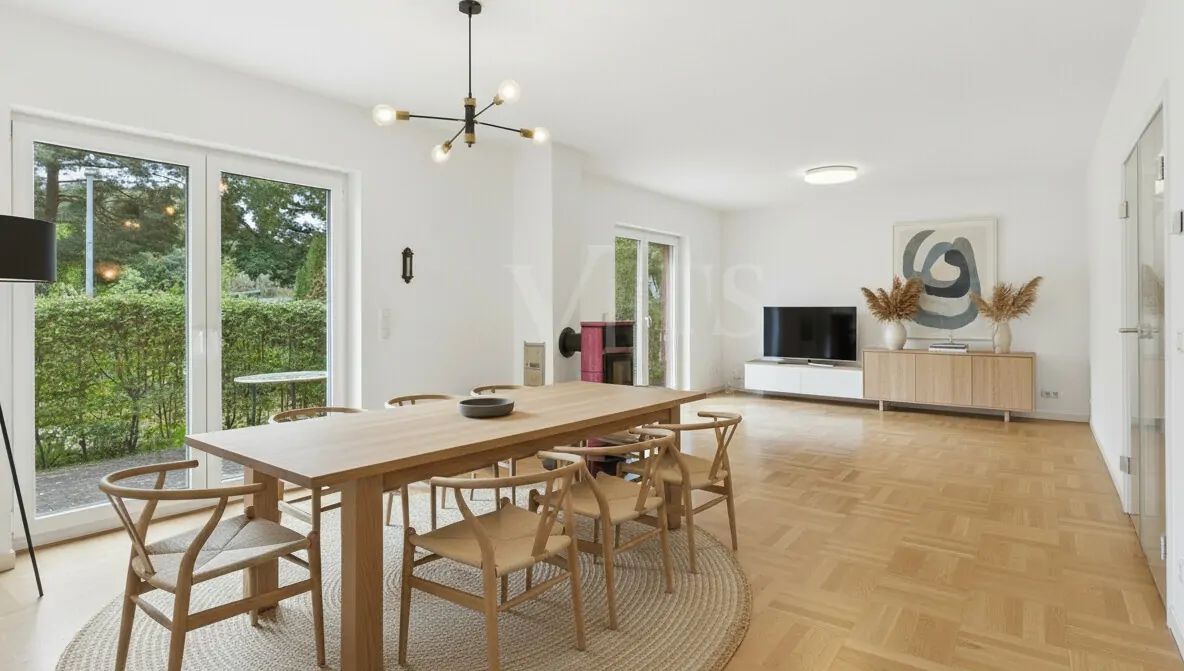 Wohnzimmer mit Kaminofen (KI-generiert)