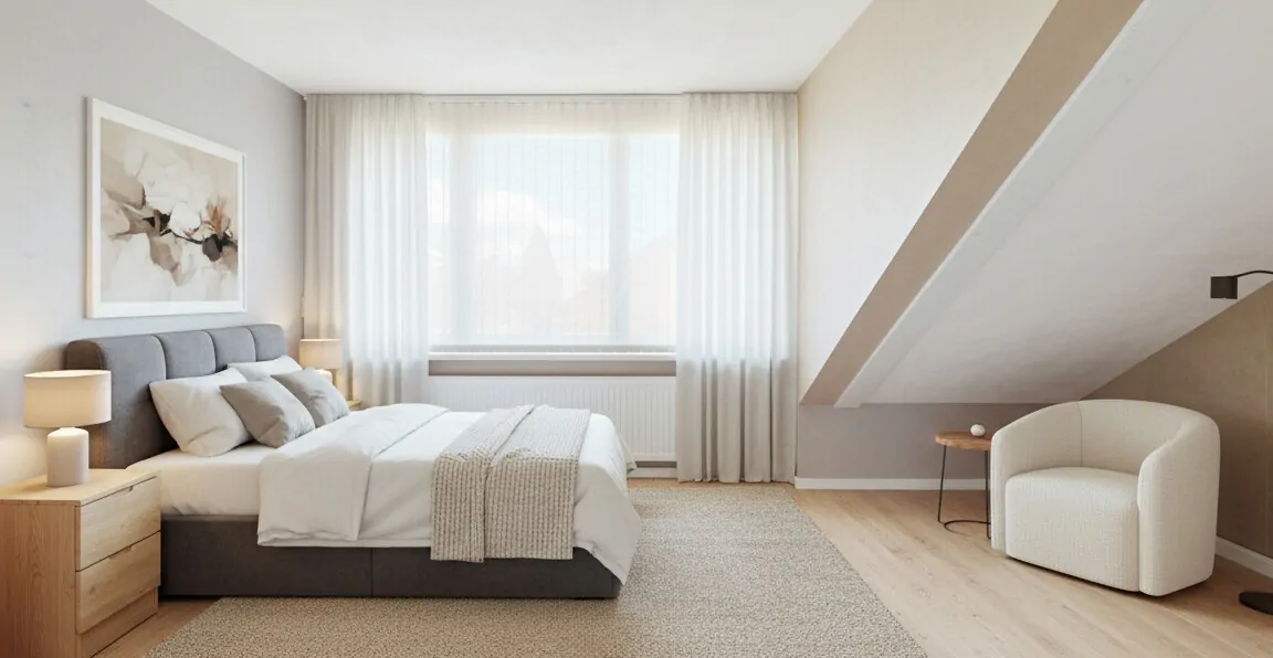 Wohnbeispiel Schlafzimmer DG - mit KI eingerichtet