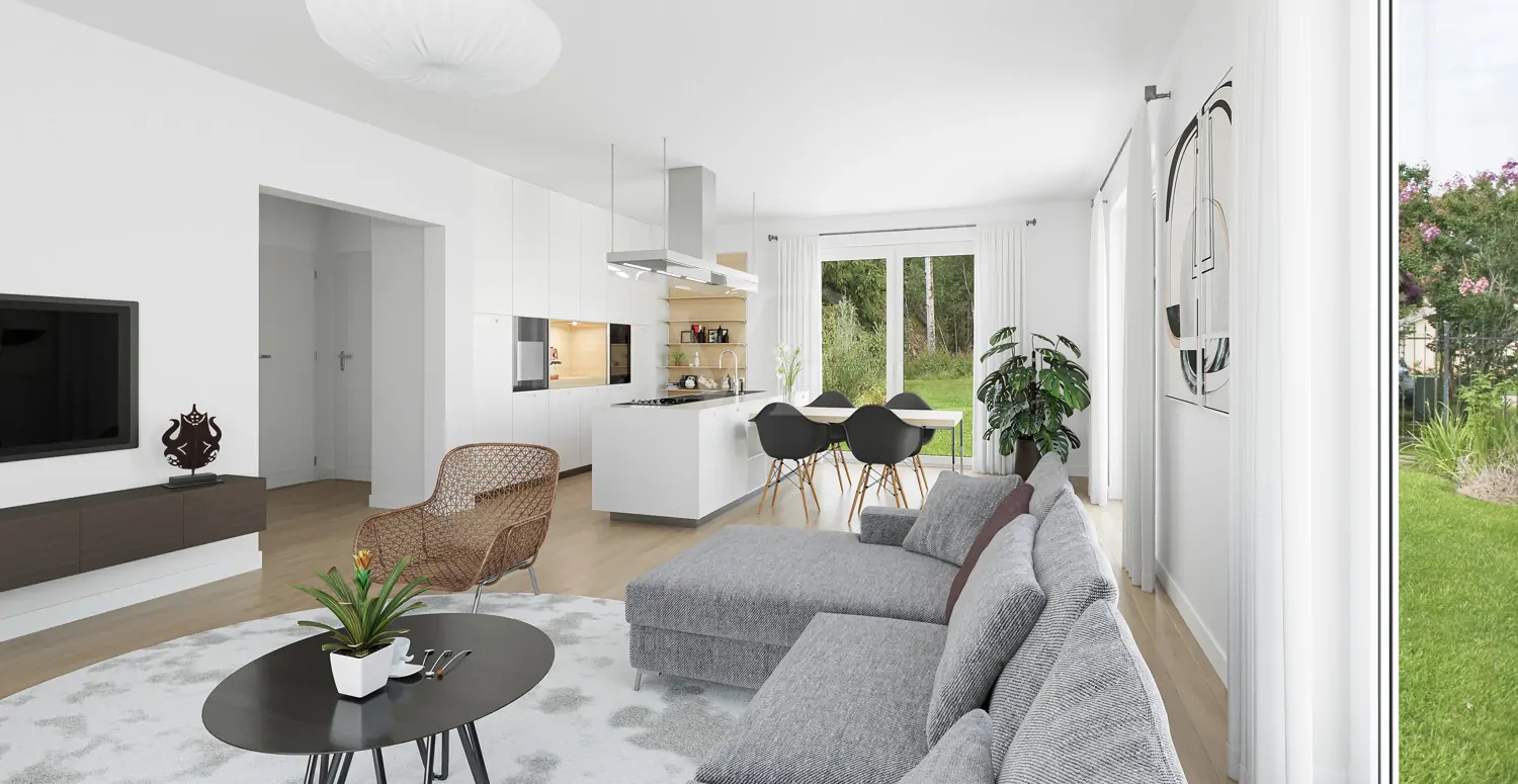 Blick Küche & Essbereich visualisiert