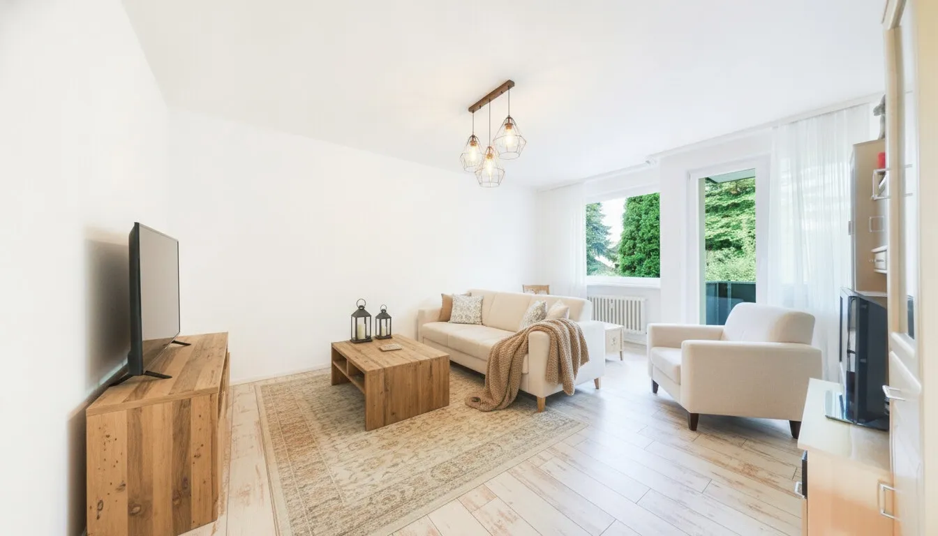 Wohnzimmer KI möbliert