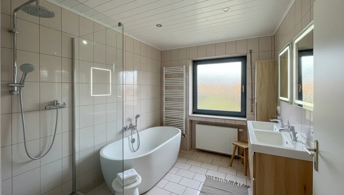 EG Bad mit Wanne und Dusche mit Einrichtungsbeispiel