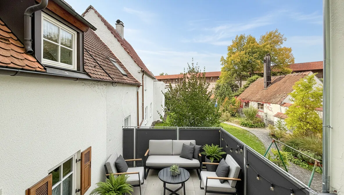 Aussicht vom Balkon mit Einrichtungsbeispiel