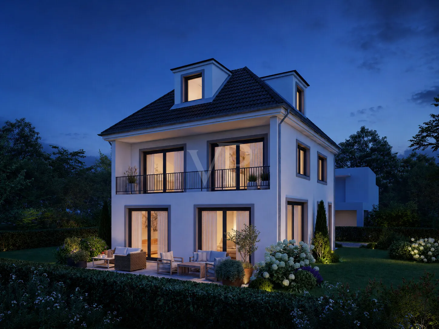 Perspektive Garten blaue Stunde