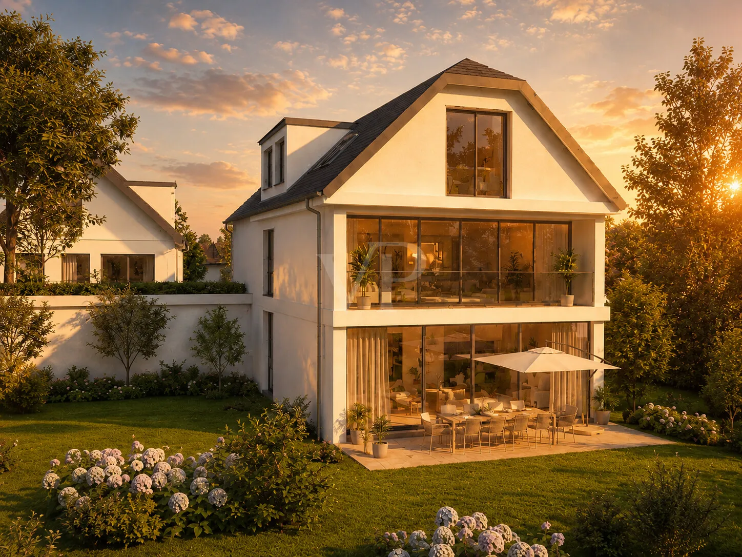 Gartenansicht v. goldene Stunde