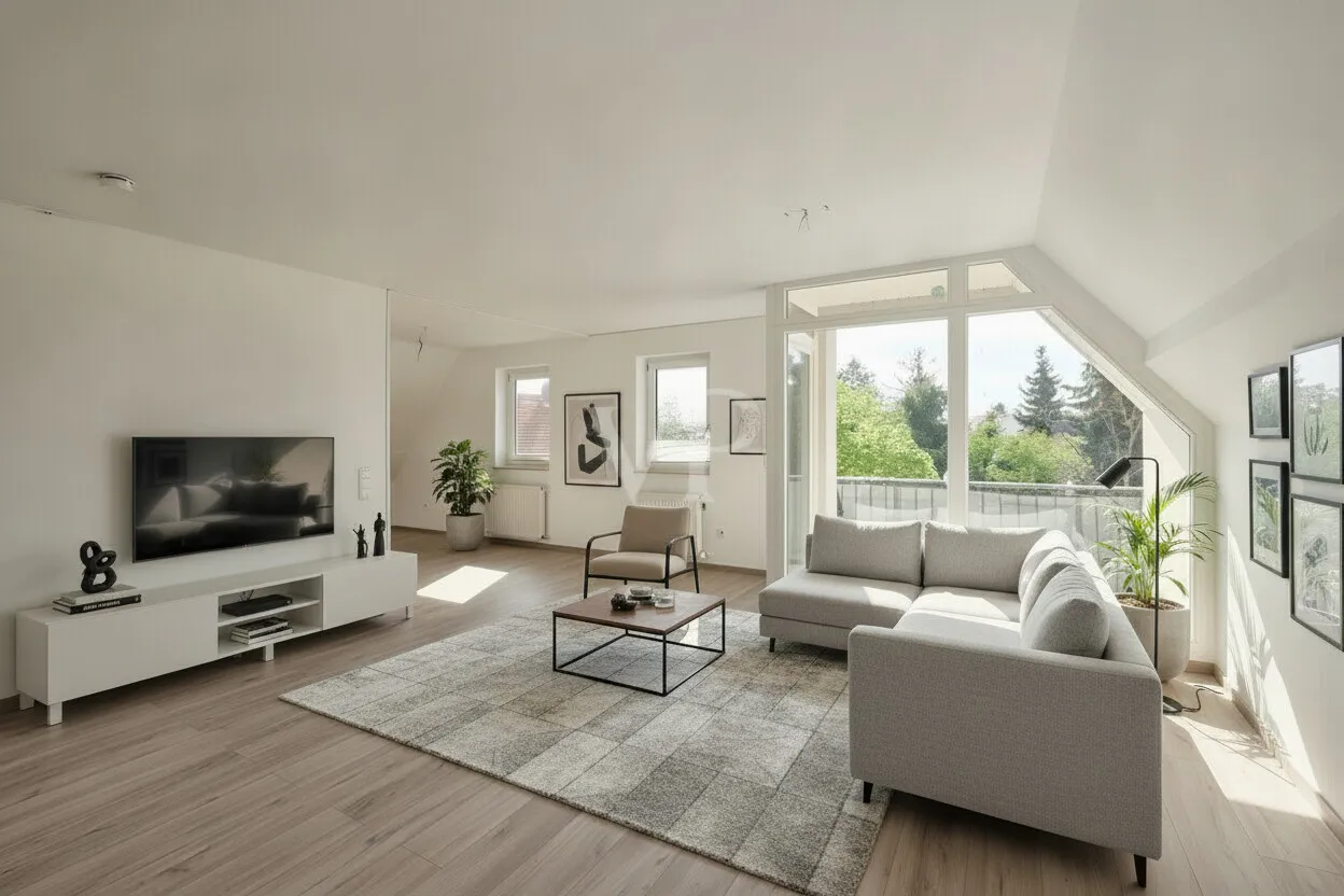 Lichtdurchflutetes Wohnzimmer mit Balkon KI