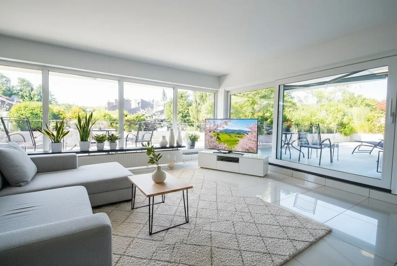 Wohnbereich mit Terrassenblick (digitales Staging)