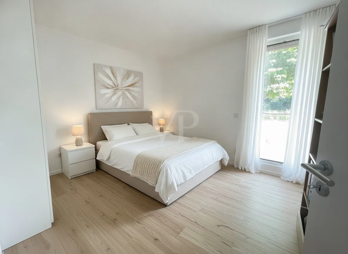 Schlafzimmer 1 mit Zugang zur Terrasse (visualisiert)