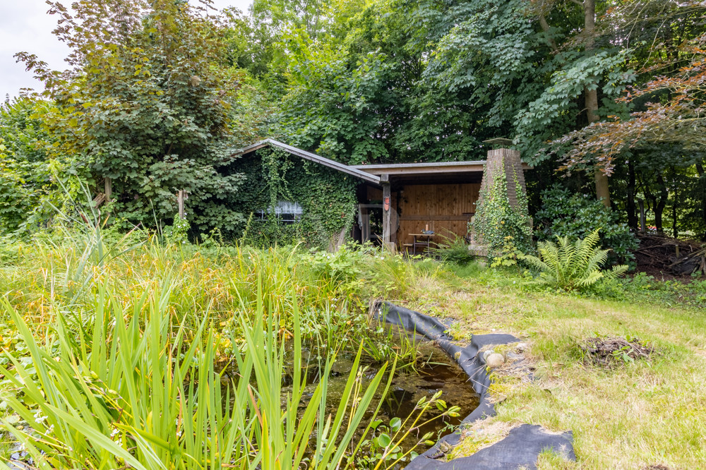 Blick auf die Gartenhütte mit Kamin