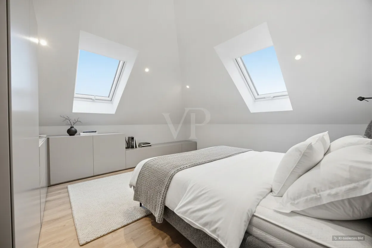 Schlafzimmer mit zwei Dachflächenfenstern (Bettwäsche digital ergänzt)