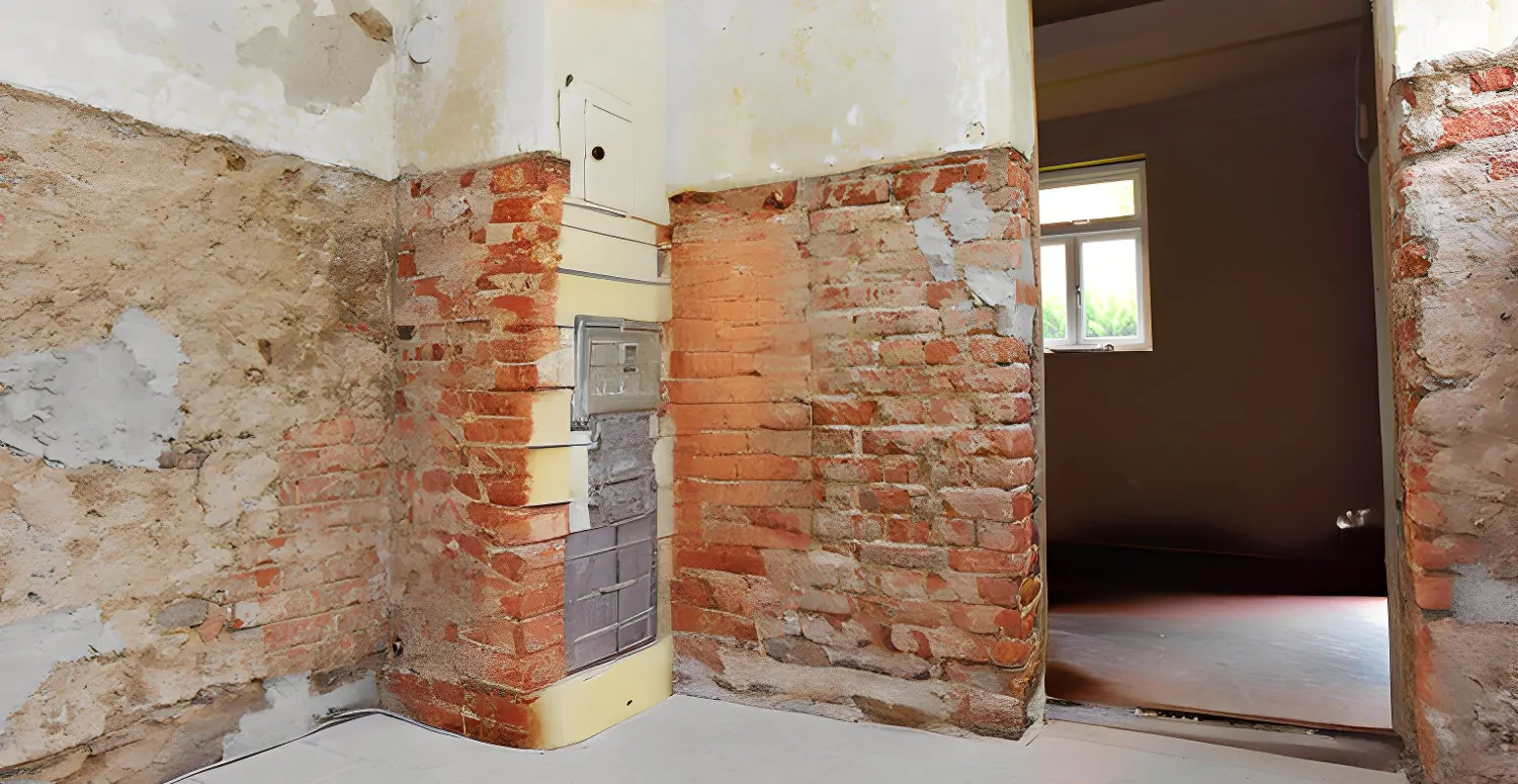 Küche mit Sichtmauerwerk/Esszimmer mit Lehmputz