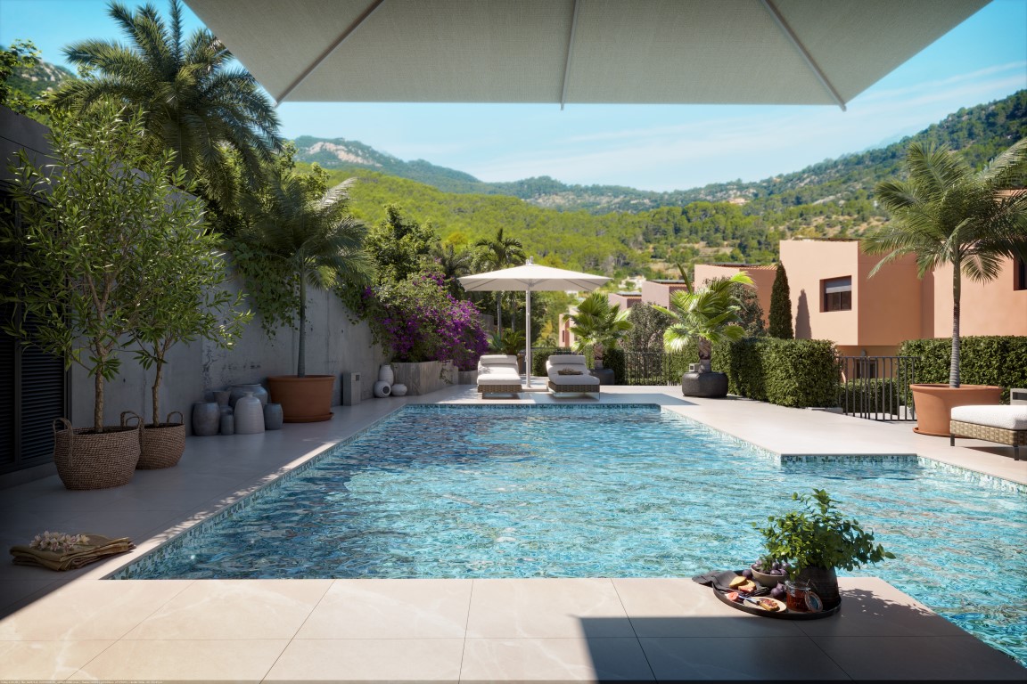 Moderno adosado de obra nueva con piscina comunitaria y jardín privado en Esporles