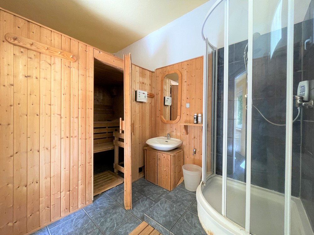 Badezimmer mit Sauna und Dusche in der Remise