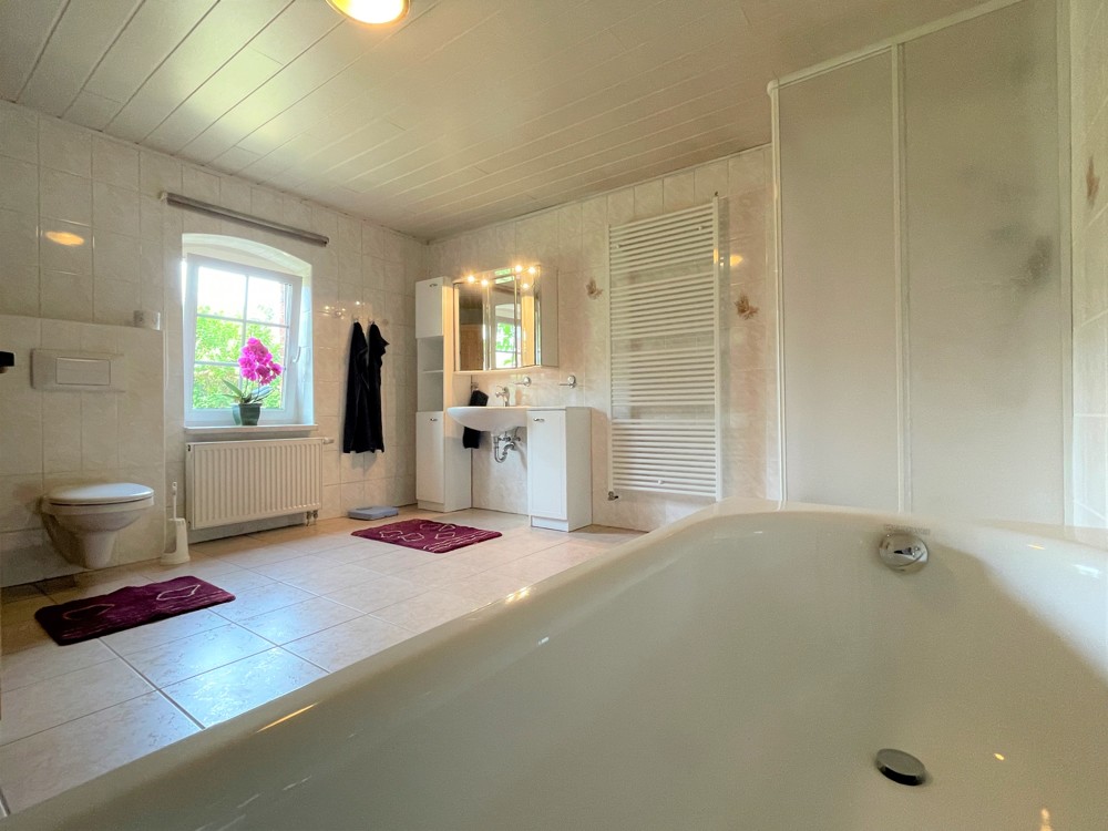 Geräumiges Badezimmer mit Badewanne, Dusche und Sauna im ausgebauten Seitengebäude