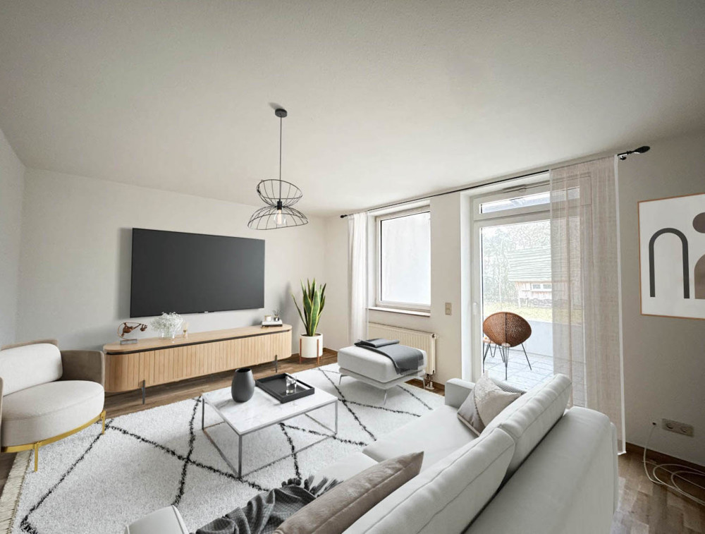 großes Wohnzimmer mit Terrassentür (Visualisierung)