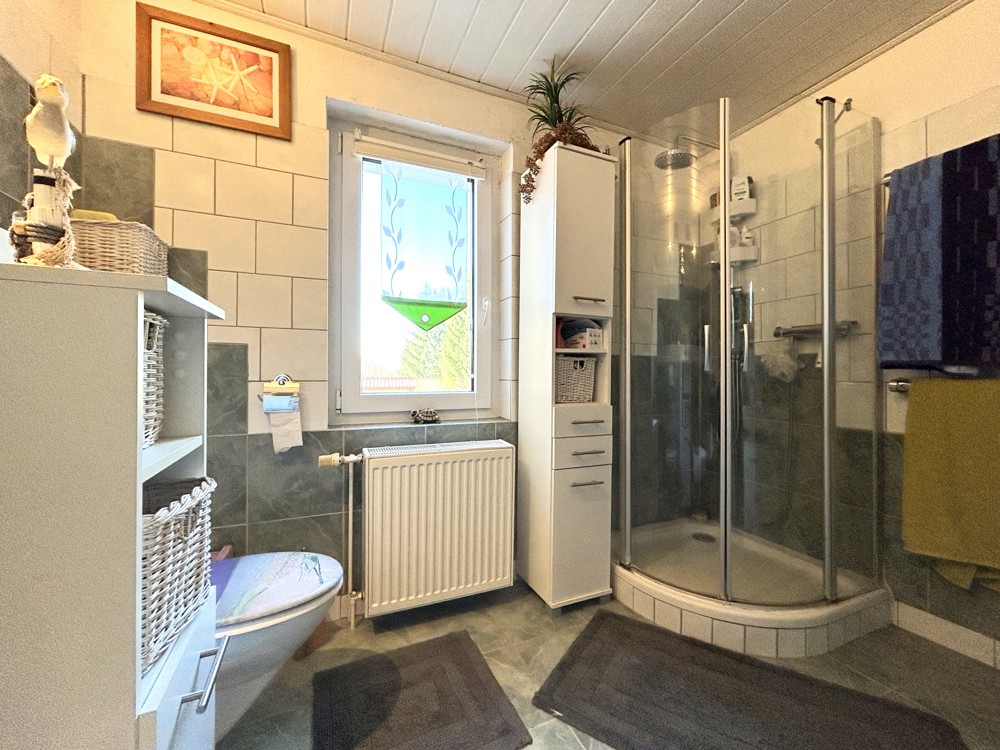 helles Badezimmer mit Dusche