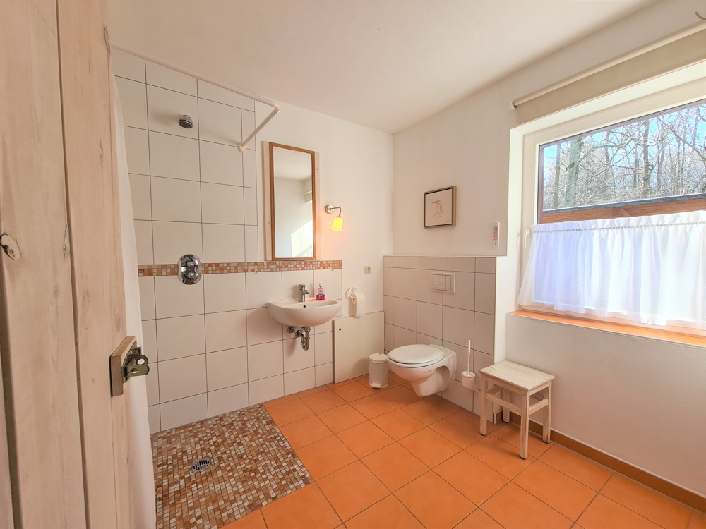 Badezimmer mit ebenerdiger Dusche im Ferienhaus