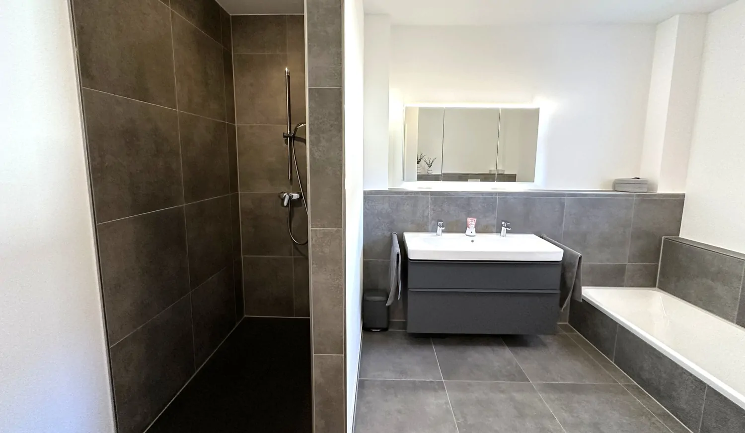 modernes Badezimmer mit Badewanne und Dusche