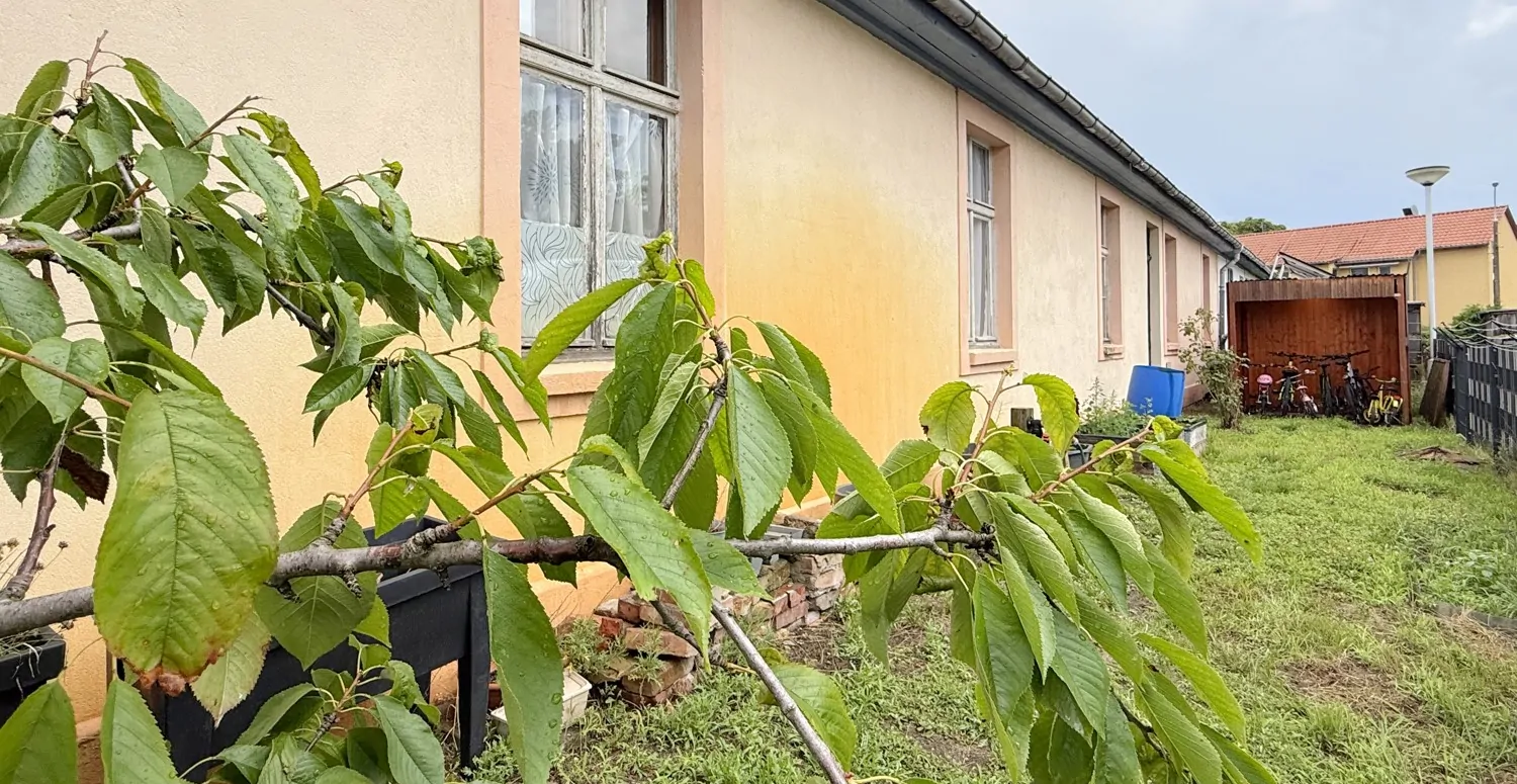 seitlicher Garten mit Fahrradschuppen