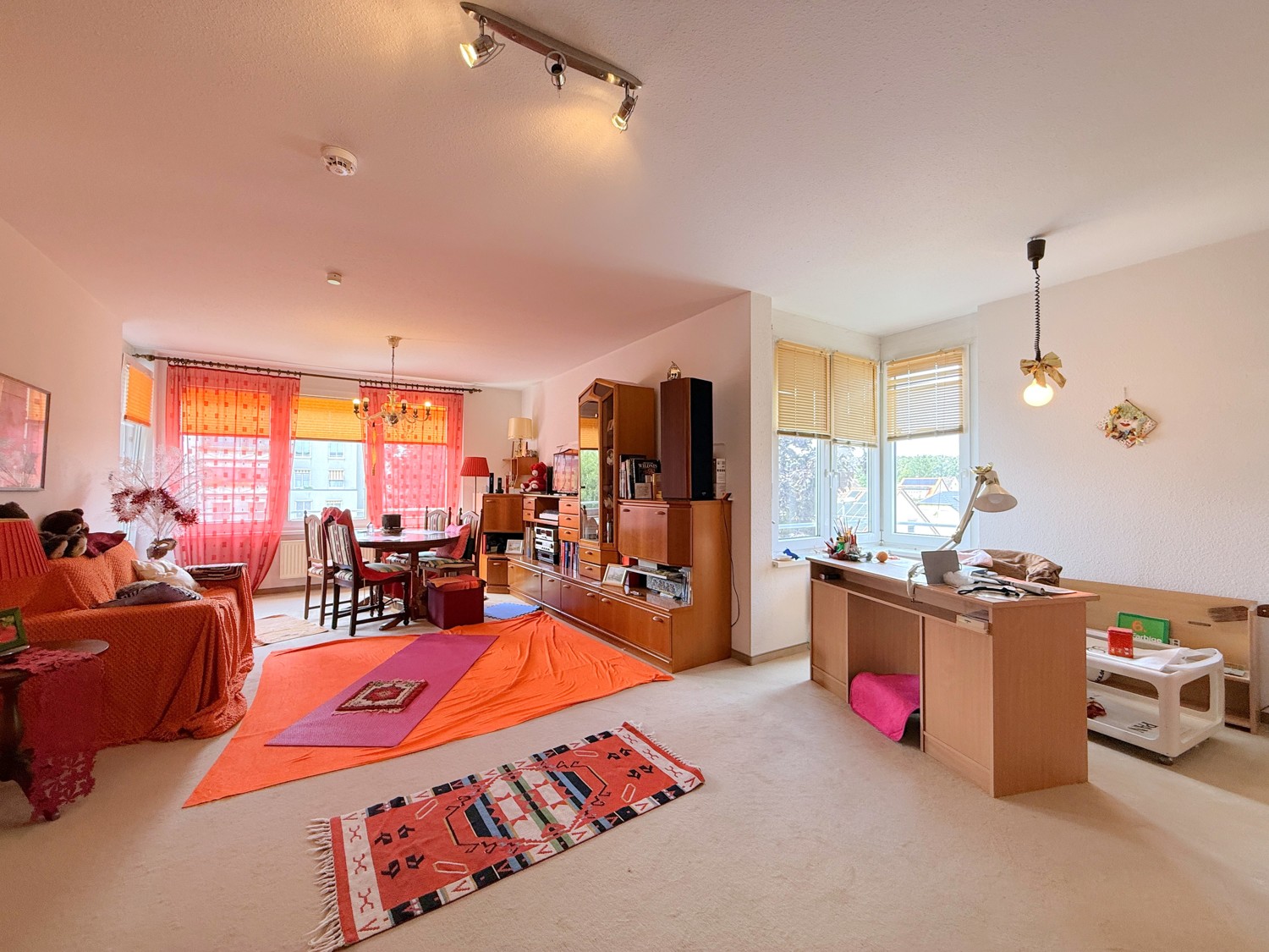 großes Wohnzimmer mit vielen Fenstern