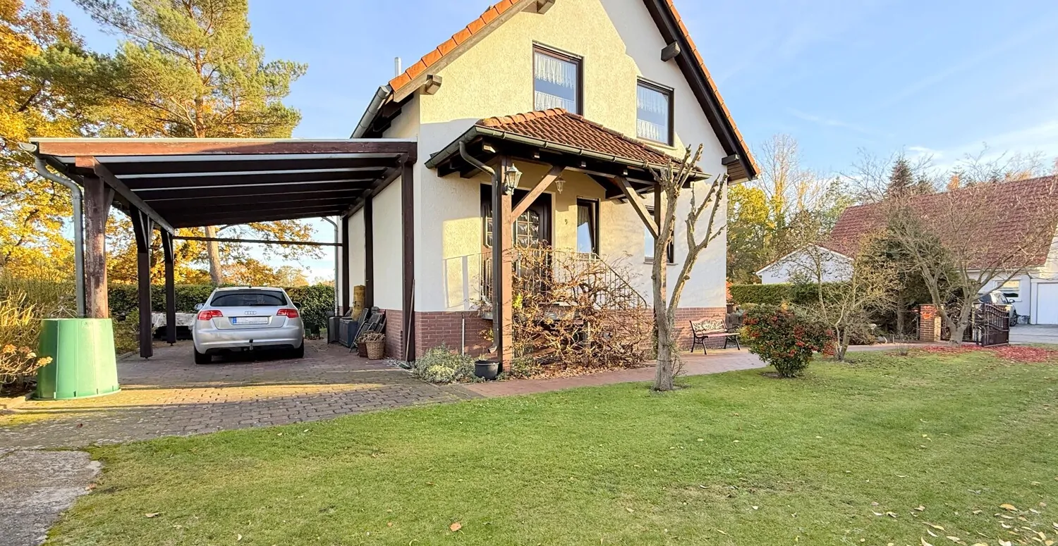 unbefestigte Auffahrt mit Schleppdach, Garage und Carport
