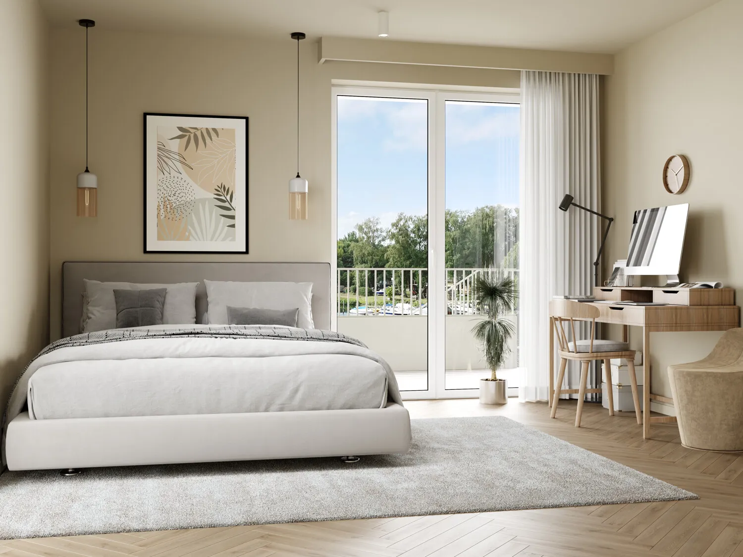 Schlafzimmer mit bodentiefen Fenstern