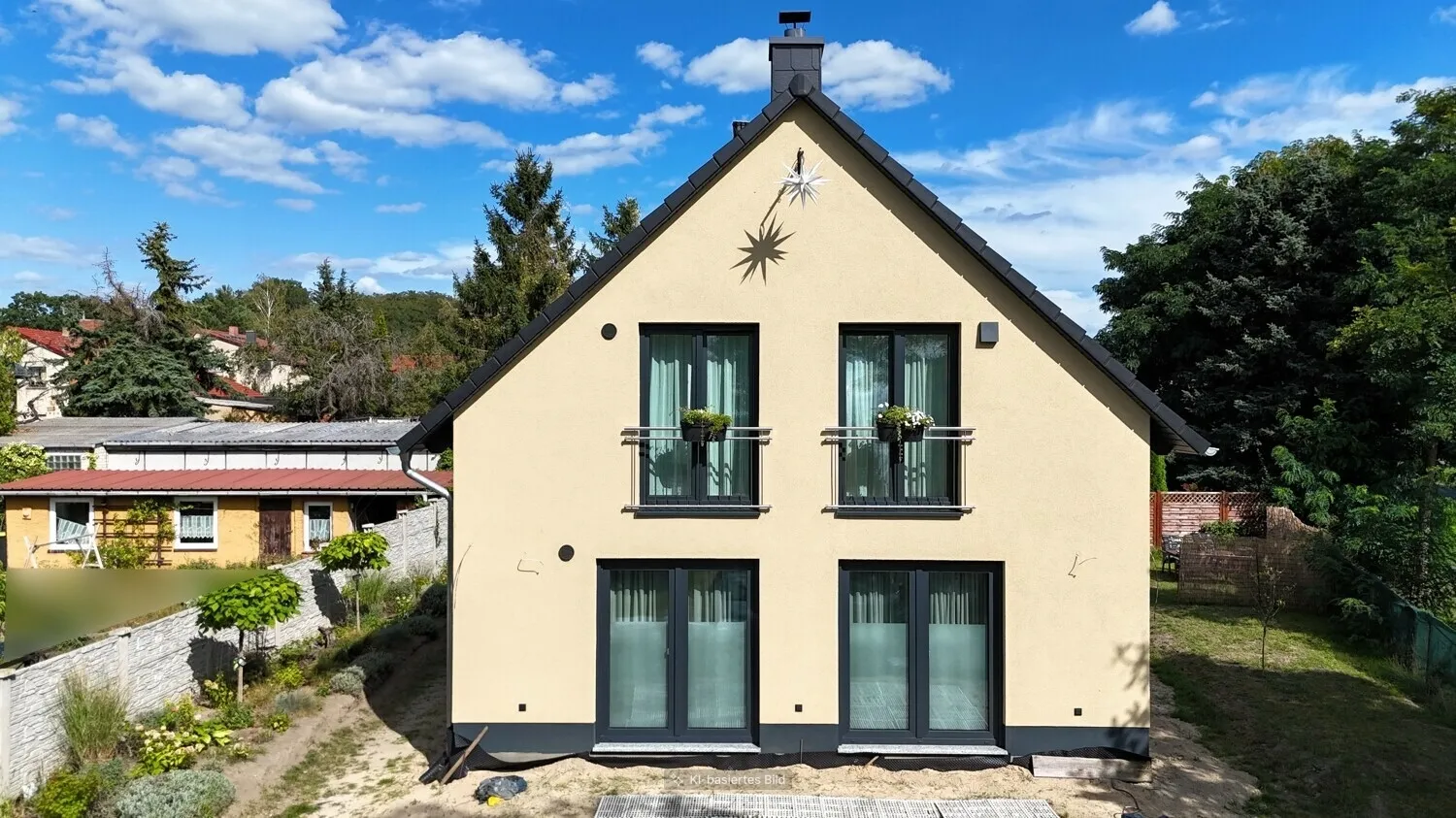 Repräsentative Frontansicht des modernen Einfamilienhauses mit großzügigen, bodentiefen Fensterflächen