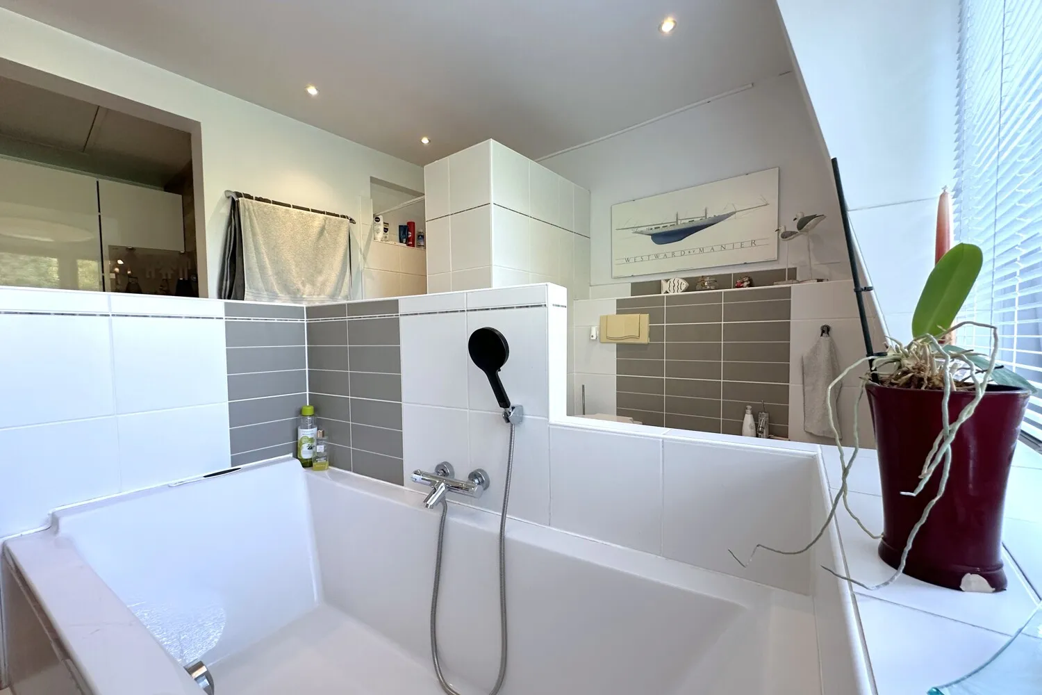 großes Badezimmer mit Badewanne und Dusche
