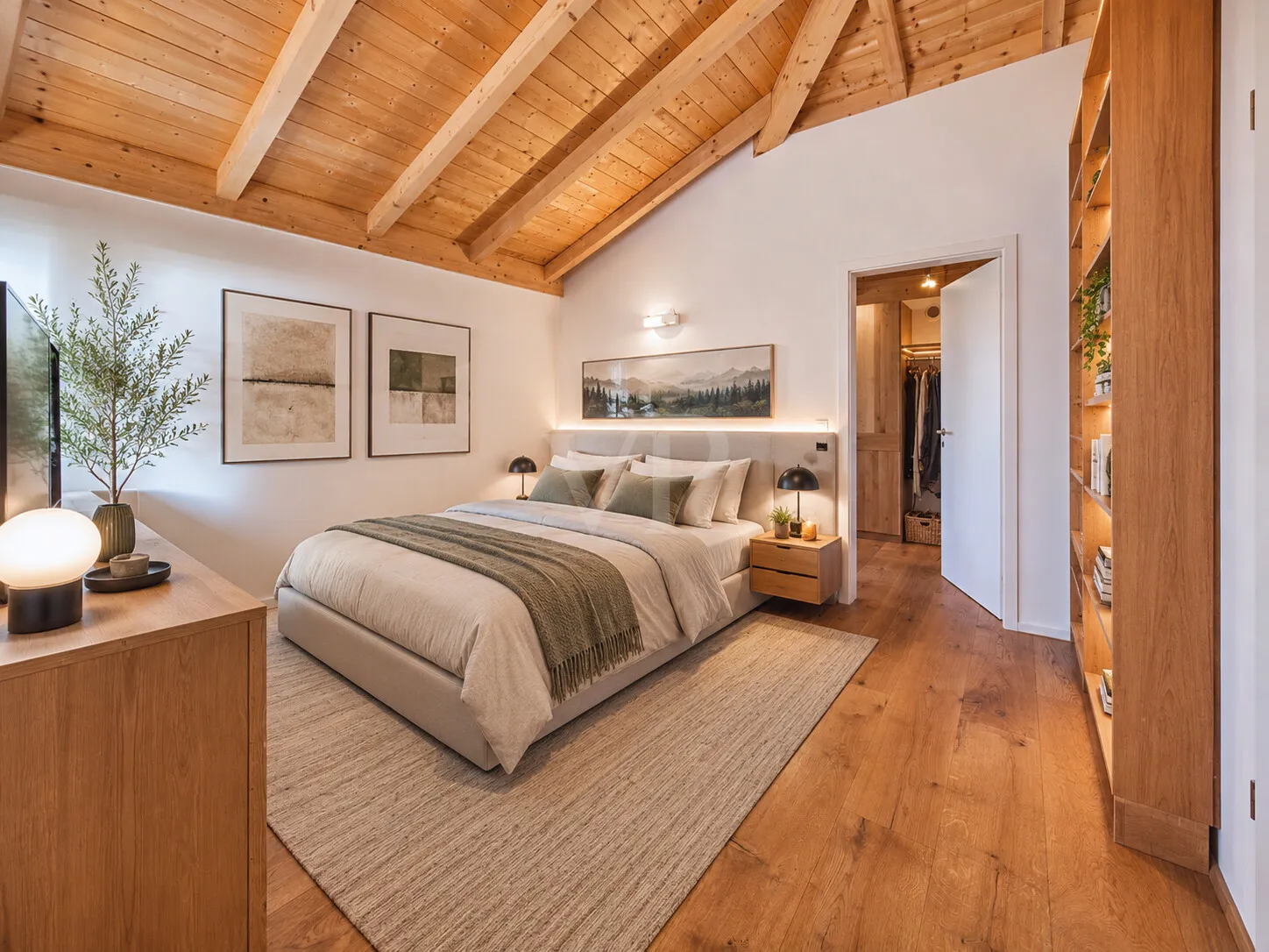 Schlafzimmer mit Ankleide und Balkon- Möblierung mit KI