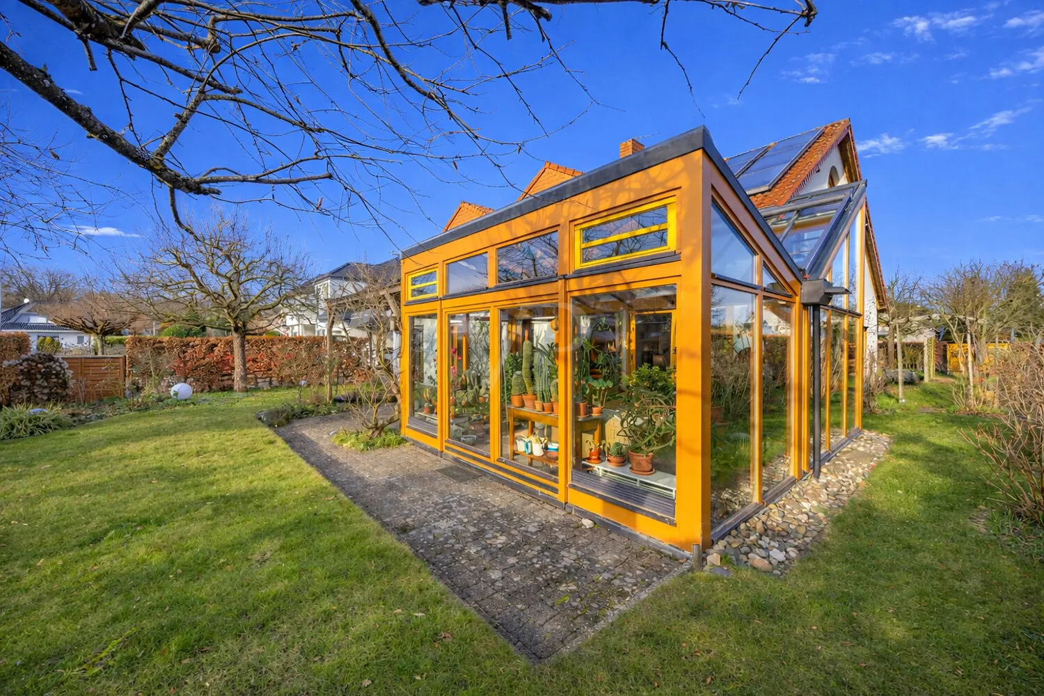 Moderner Wintergarten im grünen Garten