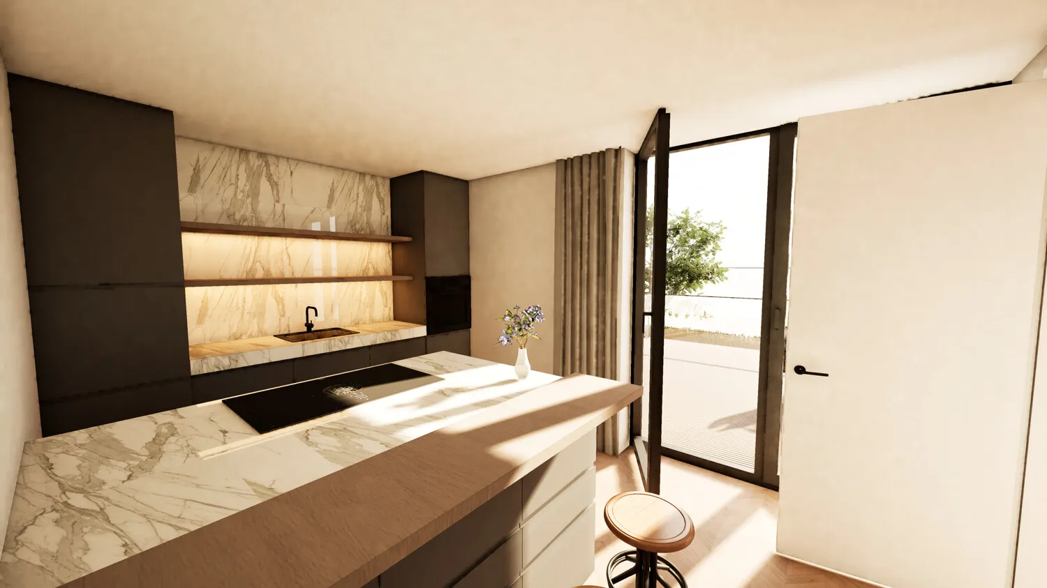 Moderne Einbauküche mit Zugang zur Terrasse