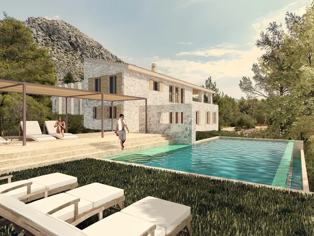 Fassade, Terrasse und Pool