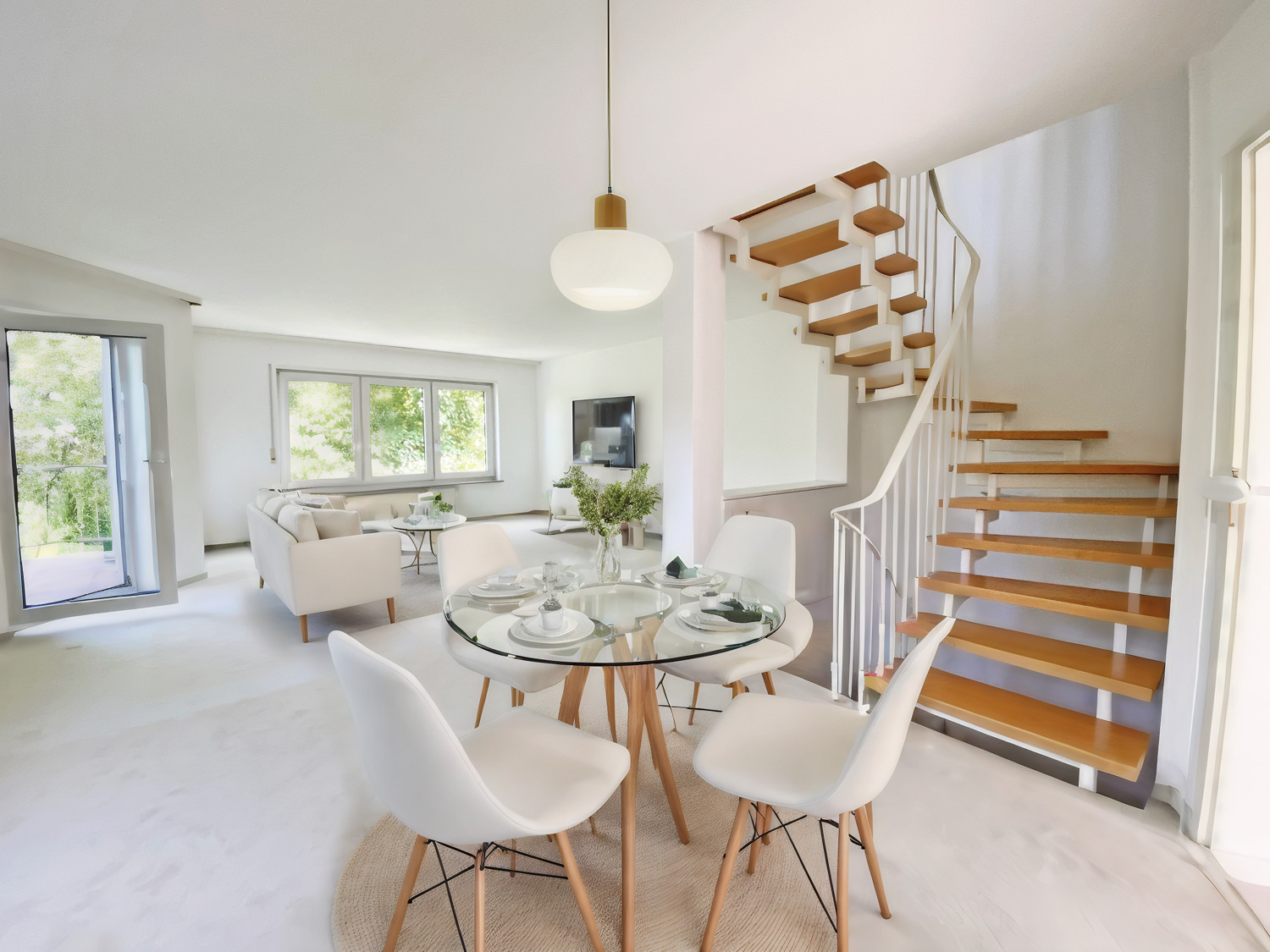 Offener Wohn- und Essbereich mit Treppe ins OG - Virtuelles Homestaging