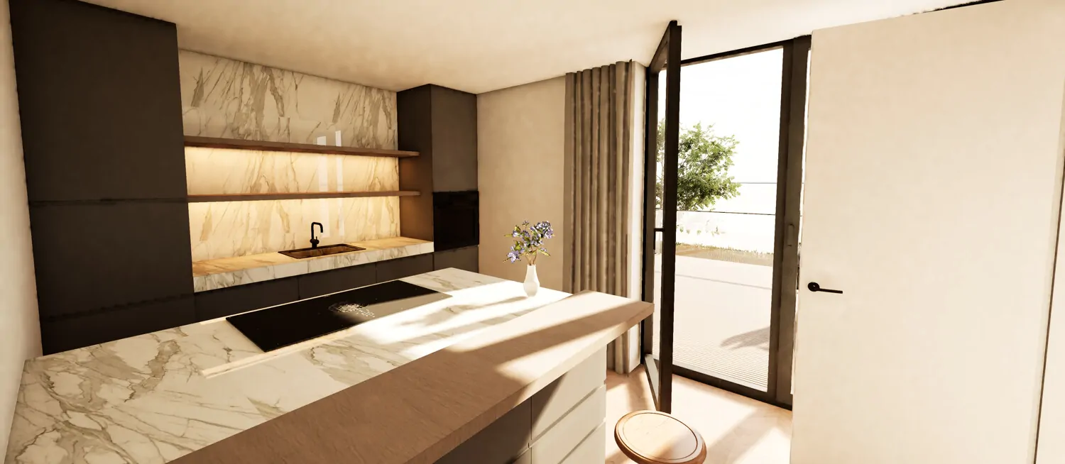 Moderne Einbauküche mit Zugang zur Terrasse