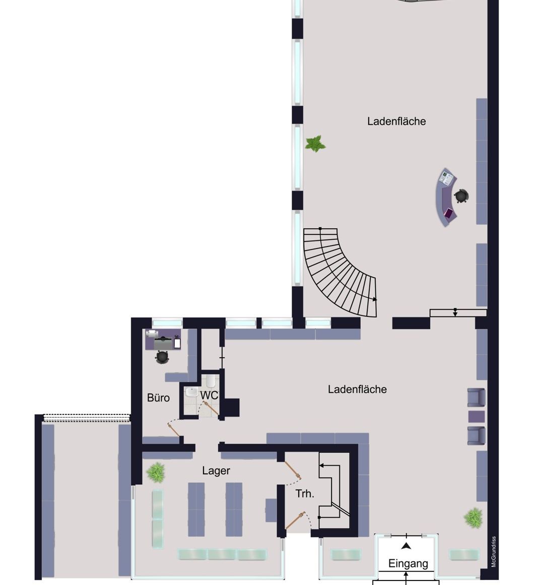 Ladenfläche, Schaufenster, Handlager und Büro