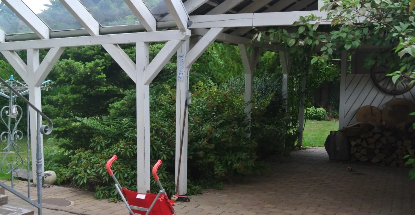 Ansicht überdachter Hauseingangsbereich mit Carport und Nebengebäude