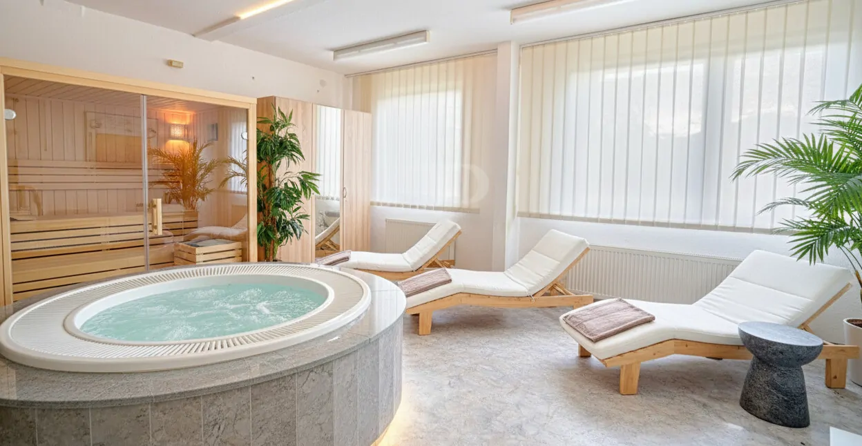 Nebengebäude digital als Saunalandschaft möbliert