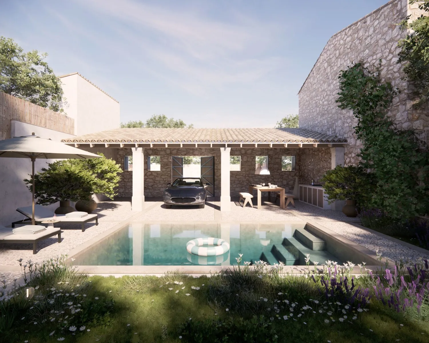 Piscina y zona para tomar el sol