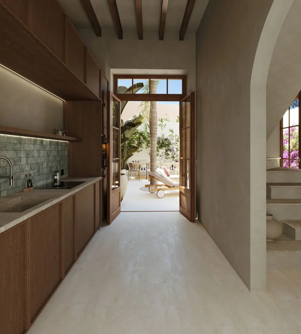 Einbauküche und Blick zum Pool