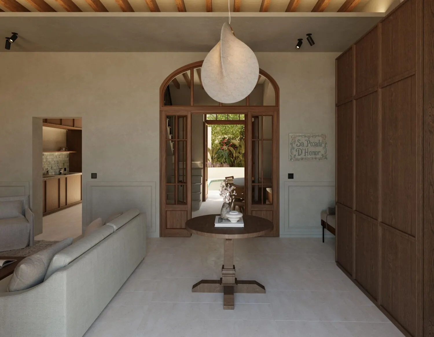 Wohnzimmer und Blick zum Pool