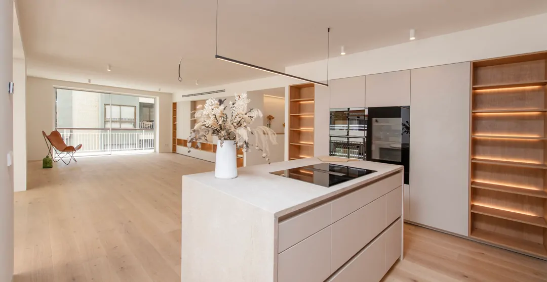 Living room with fitted kitchen