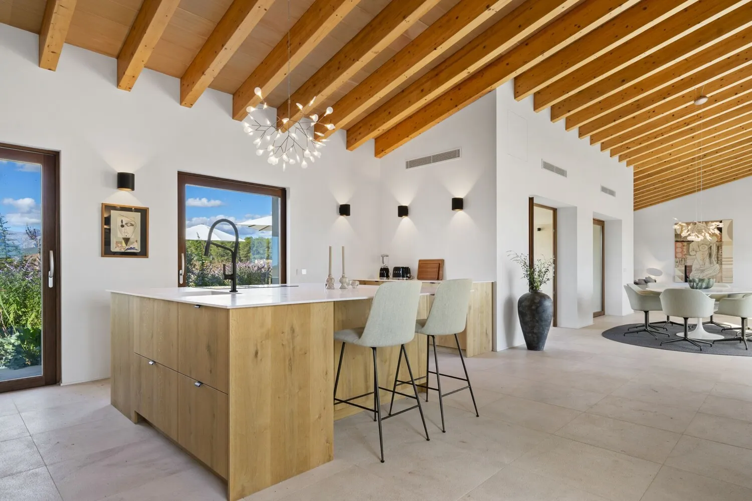 View into the open living and dining area