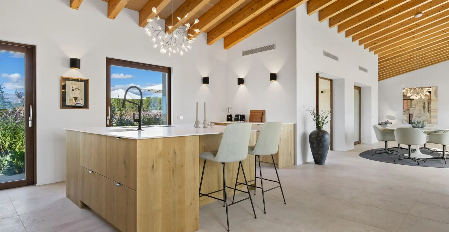 View into the open living and dining area