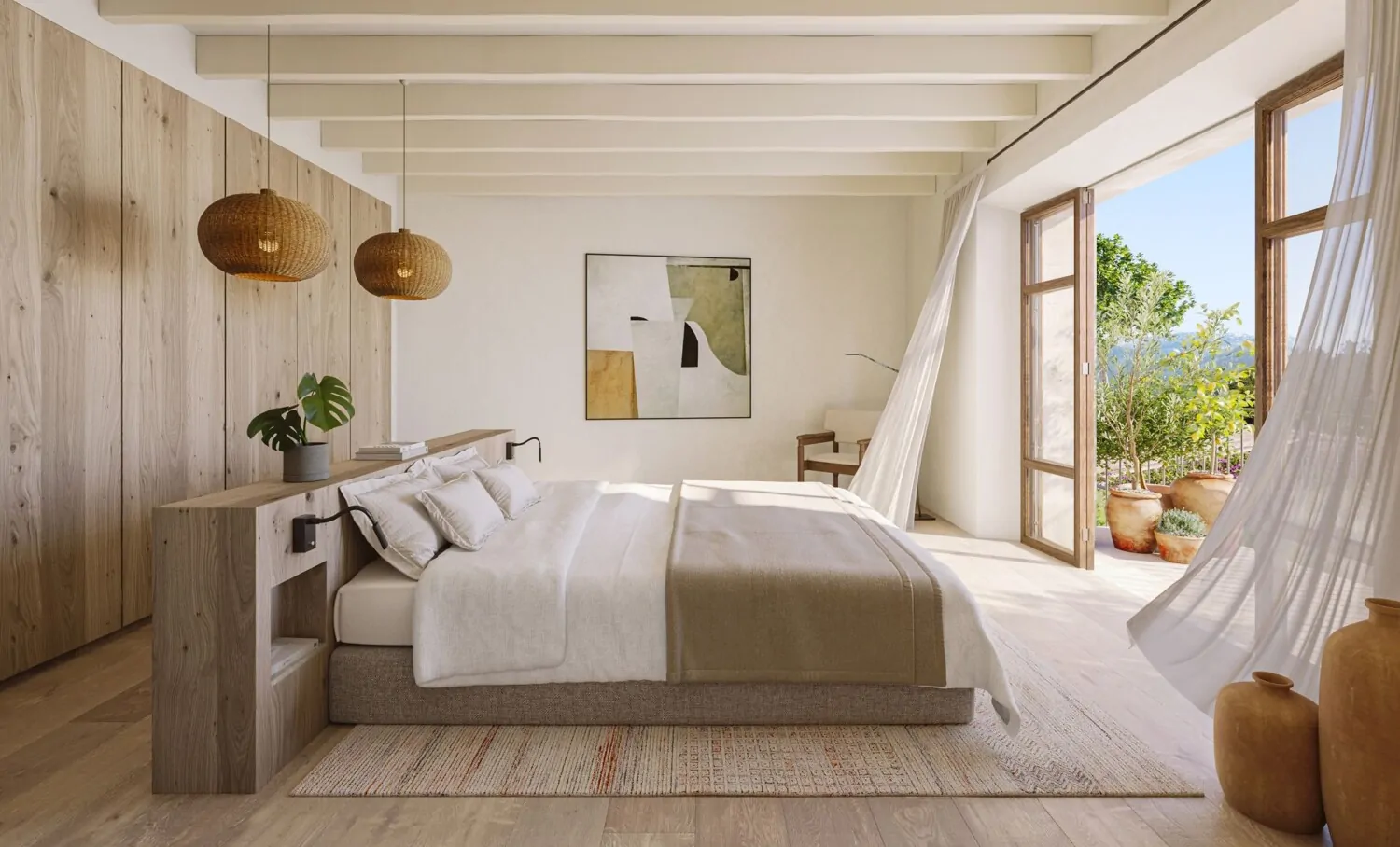 Schlafzimmer mit offenen Fensterfronten zur Terrasse