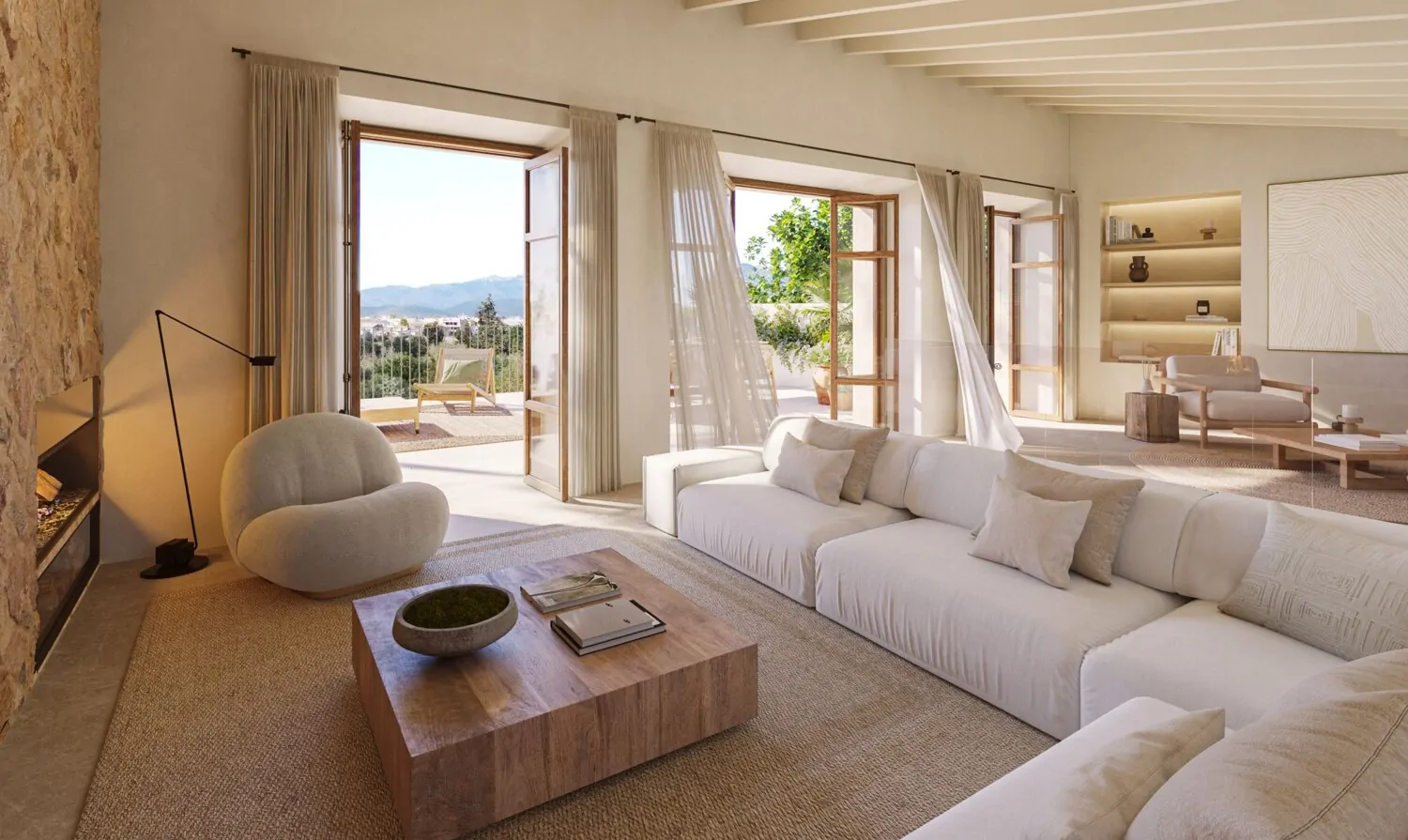 Wohnzimmer im ersten Stock mit Kamin und TV-Bereich