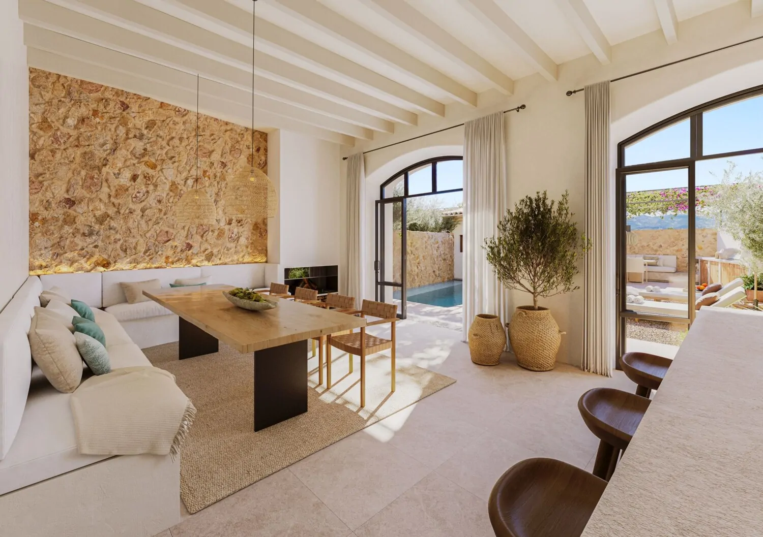 Gemütlicher Essbereich mit Blick zum Pool