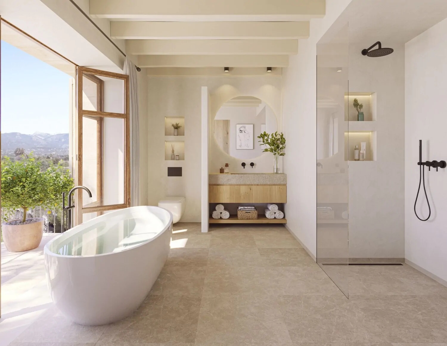 Badezimmer mit Zugang zur Terrasse